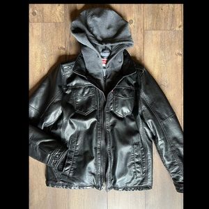 Faux Leather Trucker Jacker with Jersey Hood and Fleece Lining